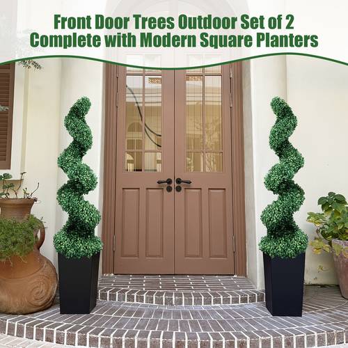 2pcs artificial boxwood spiral topiary tree for outdoor indoor 31 1inch 60 2inch uv resistant all year green plant realistic faux shrubs bushes plants for garden patio front porch home decor planter included