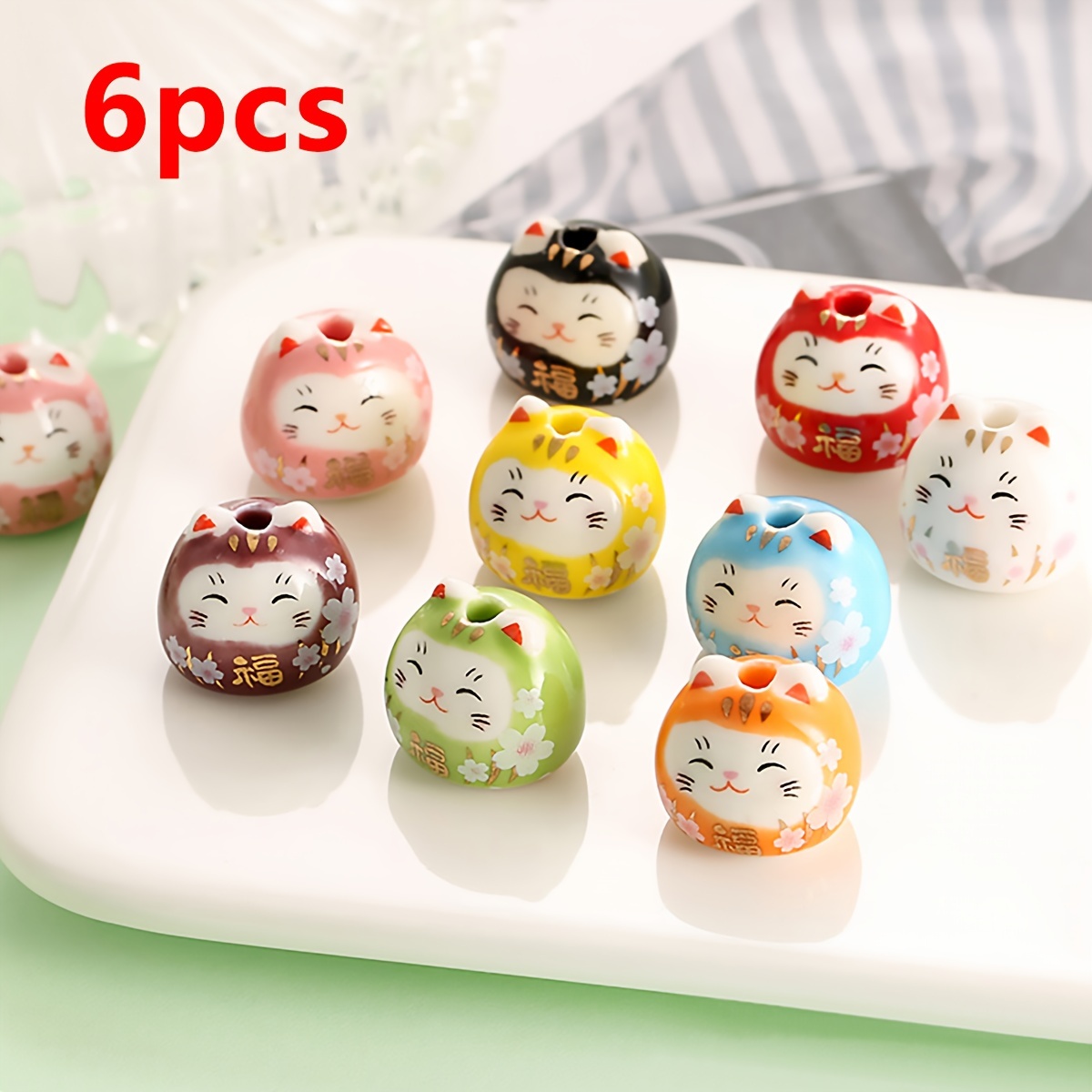 Image of 1.5x1.4cm 6pcs/set Anime Cat Ceramic Beads Random Color Mixing Loose Charm Porcelain Bead For Jewelry Making Bracelet Necklace Gifts