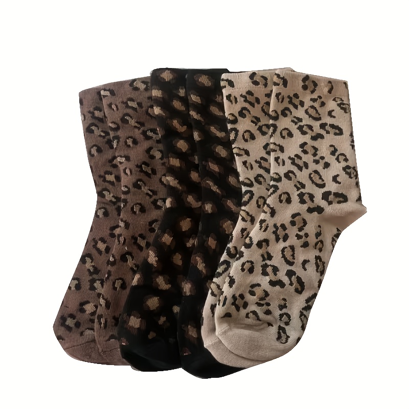 TEMU 3 Pairs Leopard Print Mid-calf Socks For Women | Autumn-, Fit, Fabric, Machine Washable