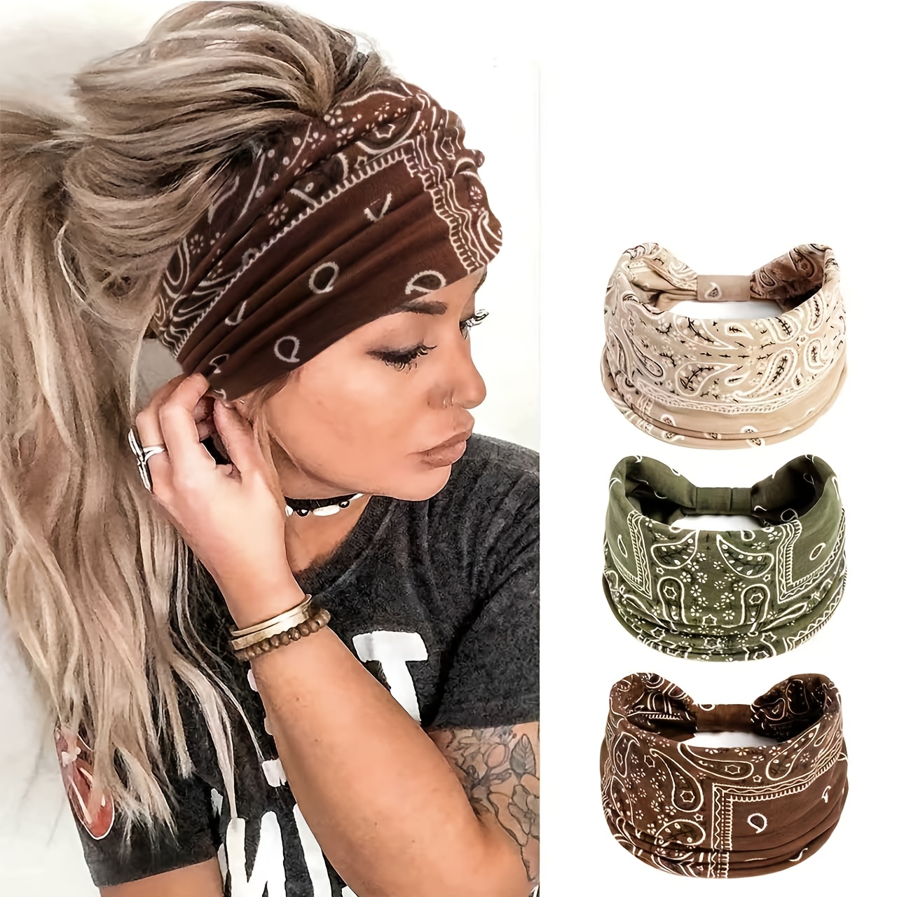 TEMU 3 Elegant Bohemian Headbands, Polyester Stretch, Comfortable And Durable, Women's Everyday Additions