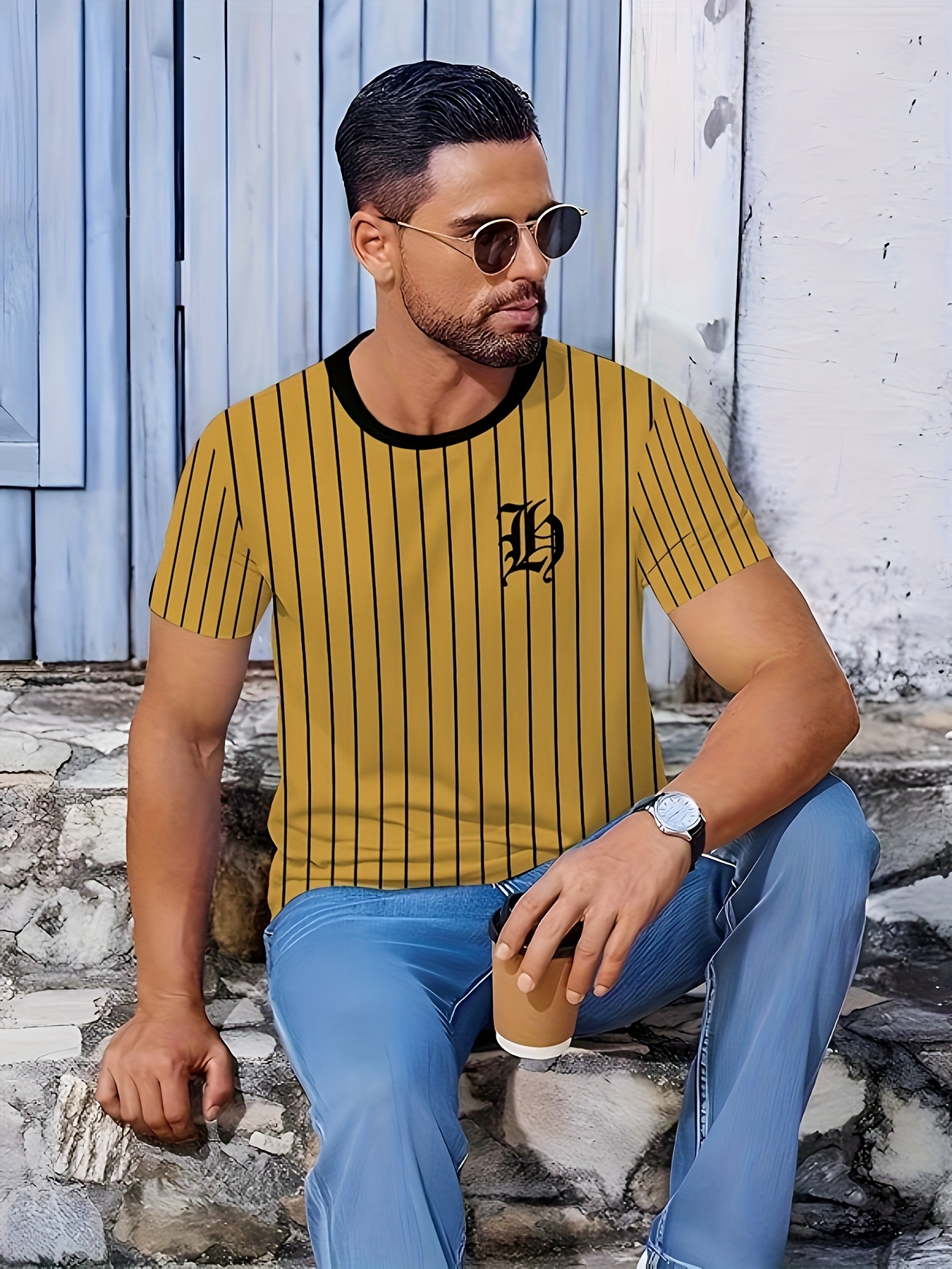 mens 3d t shirt mustard yellow black stripes Temu