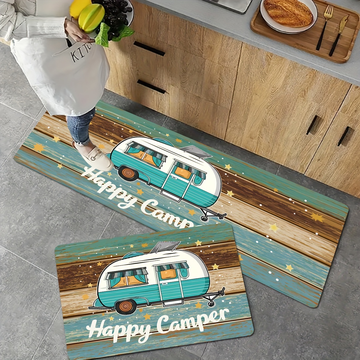

1 Set Of Wood Grain White Letters Camper Van Rv Bus Car Pattern Floor Mat