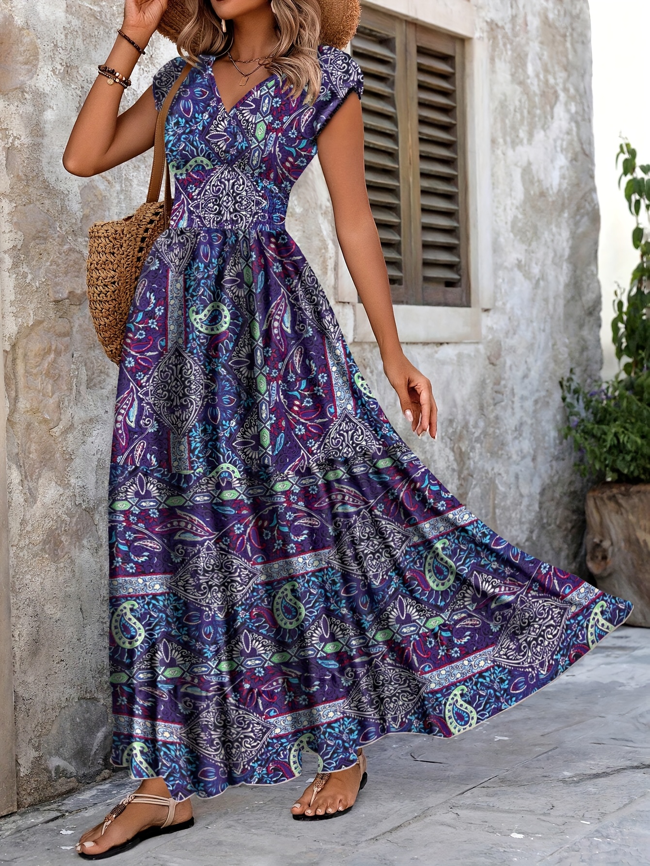 DP022037 Evening Mist Directional Spring Summer Quarter New Women'S  Clothing Paisley Pattern Print * Short Sleeve V-Neck Long Dress