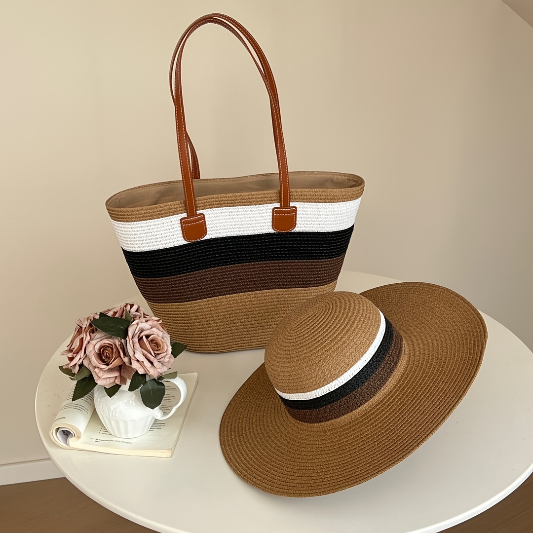 TEMU Leisure Women's Woven Straw Tote Bag And Straw Hat 2pcs Set, Wide-brim Hat With Large-capacity Tote Bag, Beach Woven Straw Bag Set, Stylish 2pcs