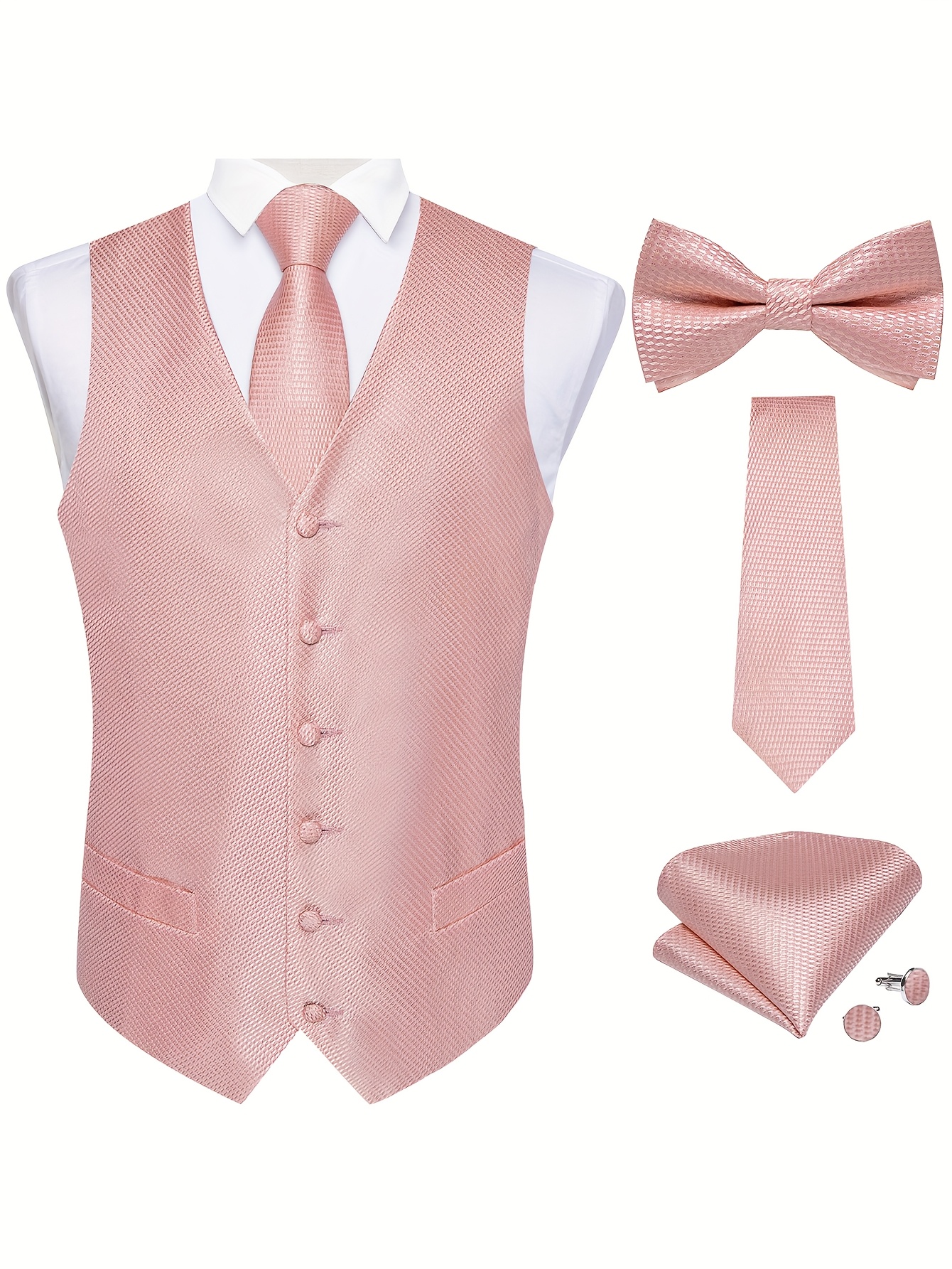 mens solid color wedding suit set including vest tie handkerchief cufflinks and boutonniere 5pcs