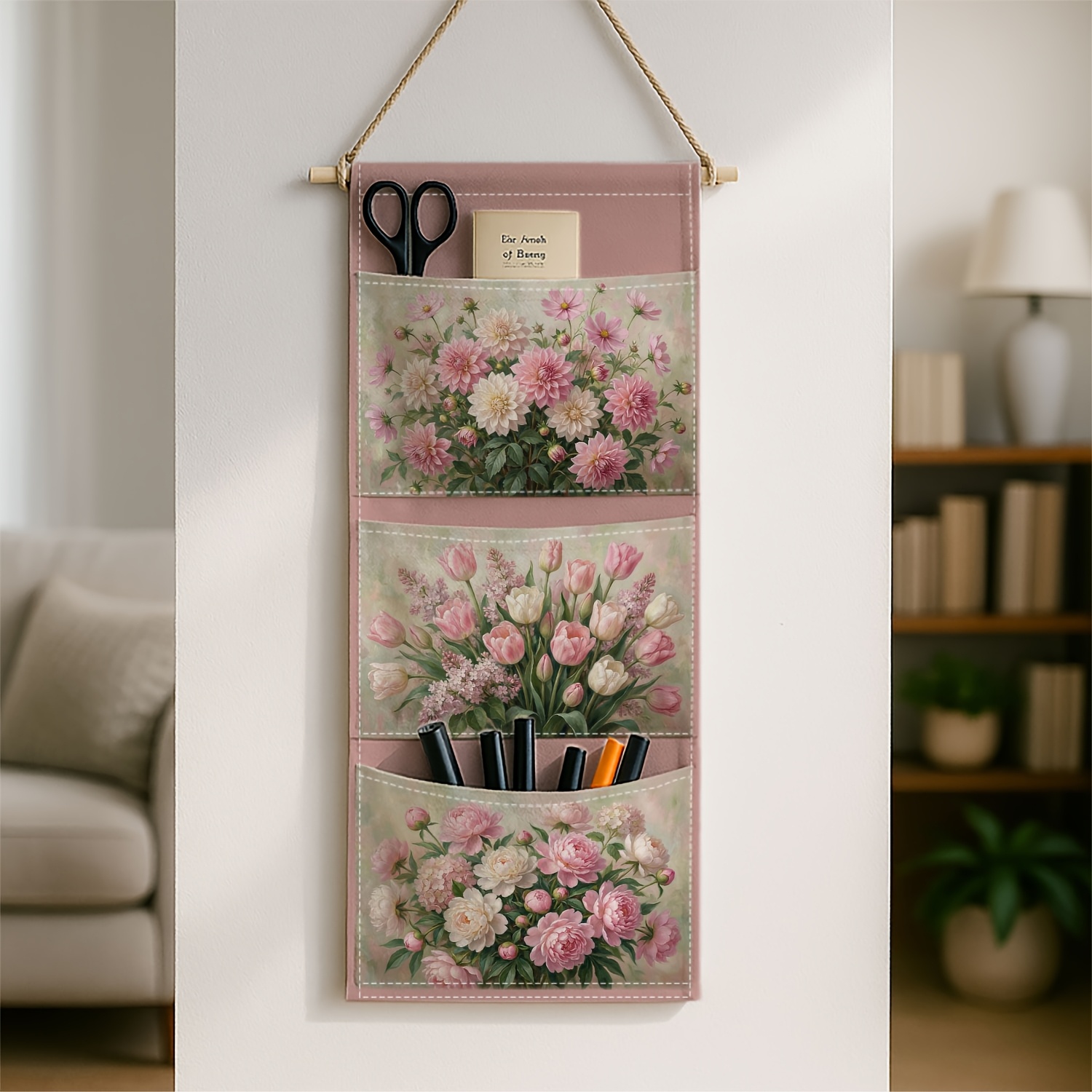 TEMU 1pz Appendiabiti da Parete 3 Tasche, Bouquet di Tulipani e Rosa, Mensola Appendibile per Camera da Letto, Organizzatore Multiuso per Porte e