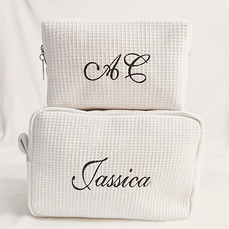 E-shop Individuell bestickte weiße Waffel Kosmetiktasche, Reise-Make-up-Tasche, 2 Größen zur Auswahl, personalisierte Kosmetiktasche mit Initialen,