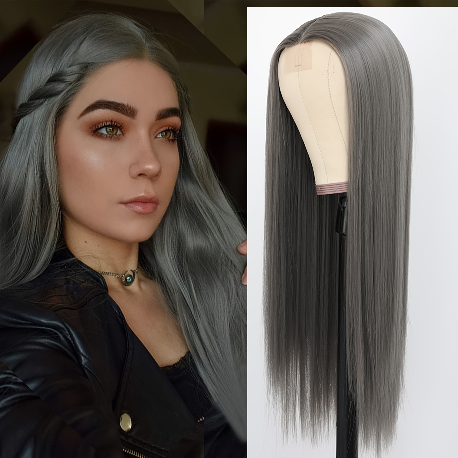 

Long Straight Gray Color Wigs Glueless Pre Small Lace Synthetic Wig 180% Density Heat Resistant Soft Fiber For Fashion Women Girls Party Vacation Use 24inches Middle Part