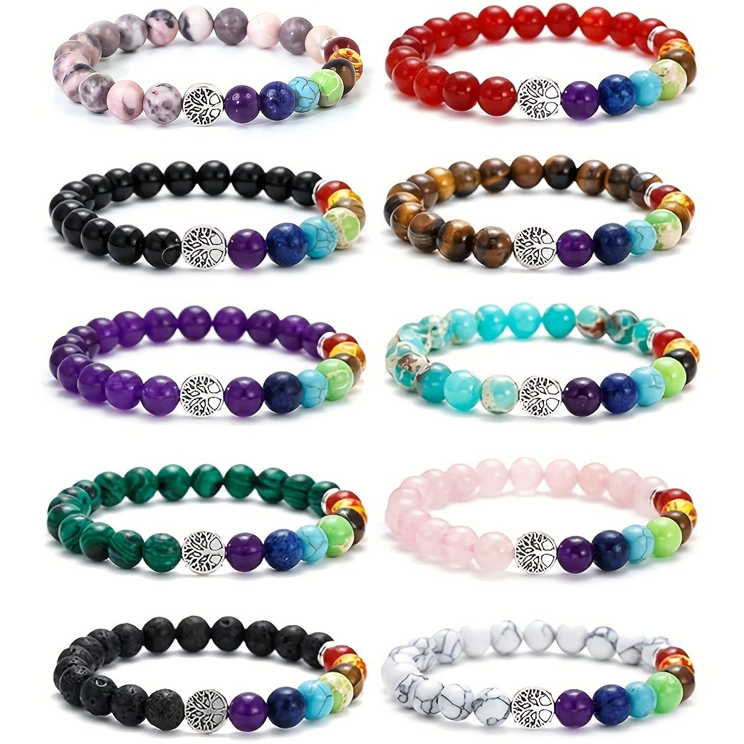 Image of 10pcs Elegant Style 8mm Natural Stone Beaded Elastic Bracelets For Men And Womentiger's Eye Stone & Matte Black Stone Bracelets - Suitable For Daily Wear, Ideal Small Gifts For Family, , And