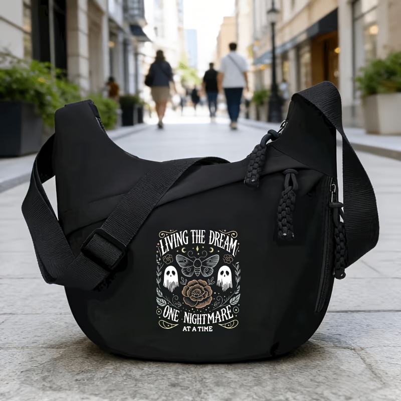 TEMU Skull Rose Pattern Text Print "living 1 Nightmare " Printed Design - Large Capacity Daily Commute Casual Nylon Single Shoulder Bag, Lightweight