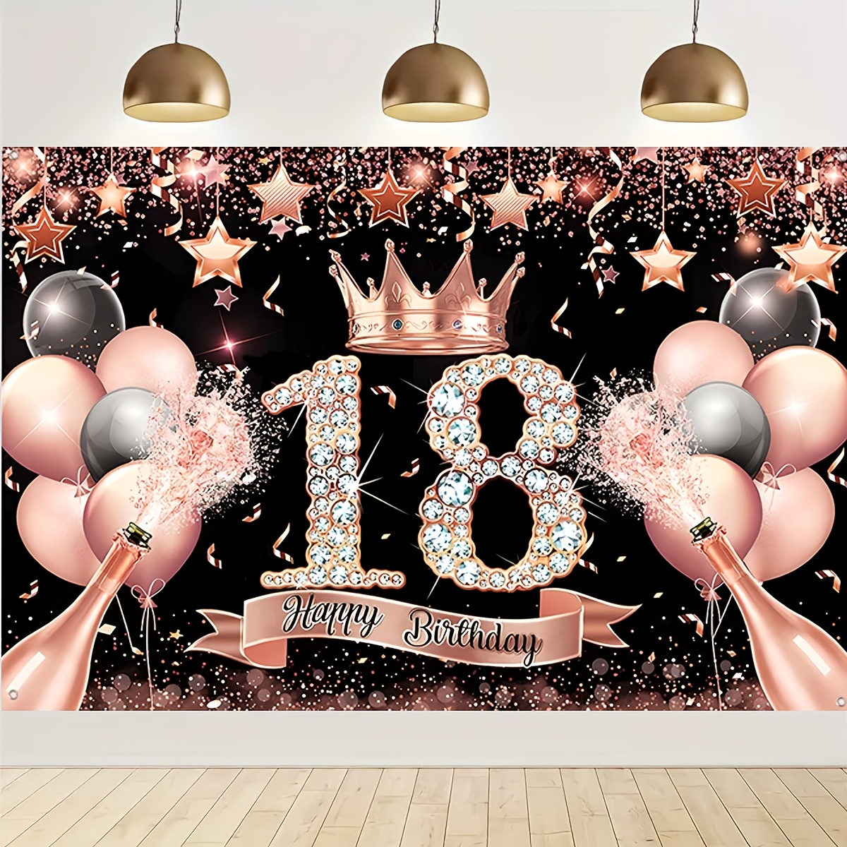 

Vinyl 18th Birthday Party Backdrop, Rose Golden And Pink, Happy Birthday Celebration Wall Decoration, Unisex Design For Boys And Girls