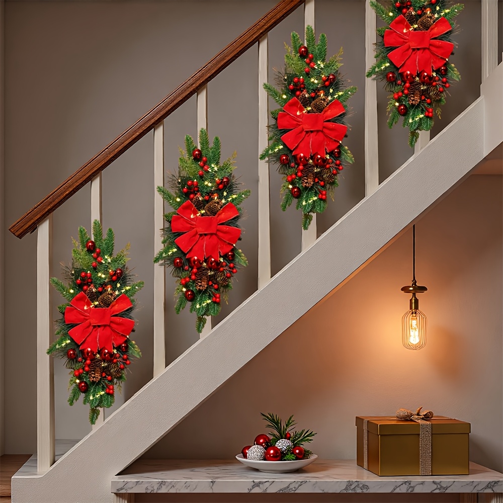 2-Pack 24-Inch Christmas Wreaths, Suitable for Doors, Stairs, Home Decor, Festive Christmas Wreaths (Red, Classic Style), Stair Hanging Wreaths, Christmas Ornaments