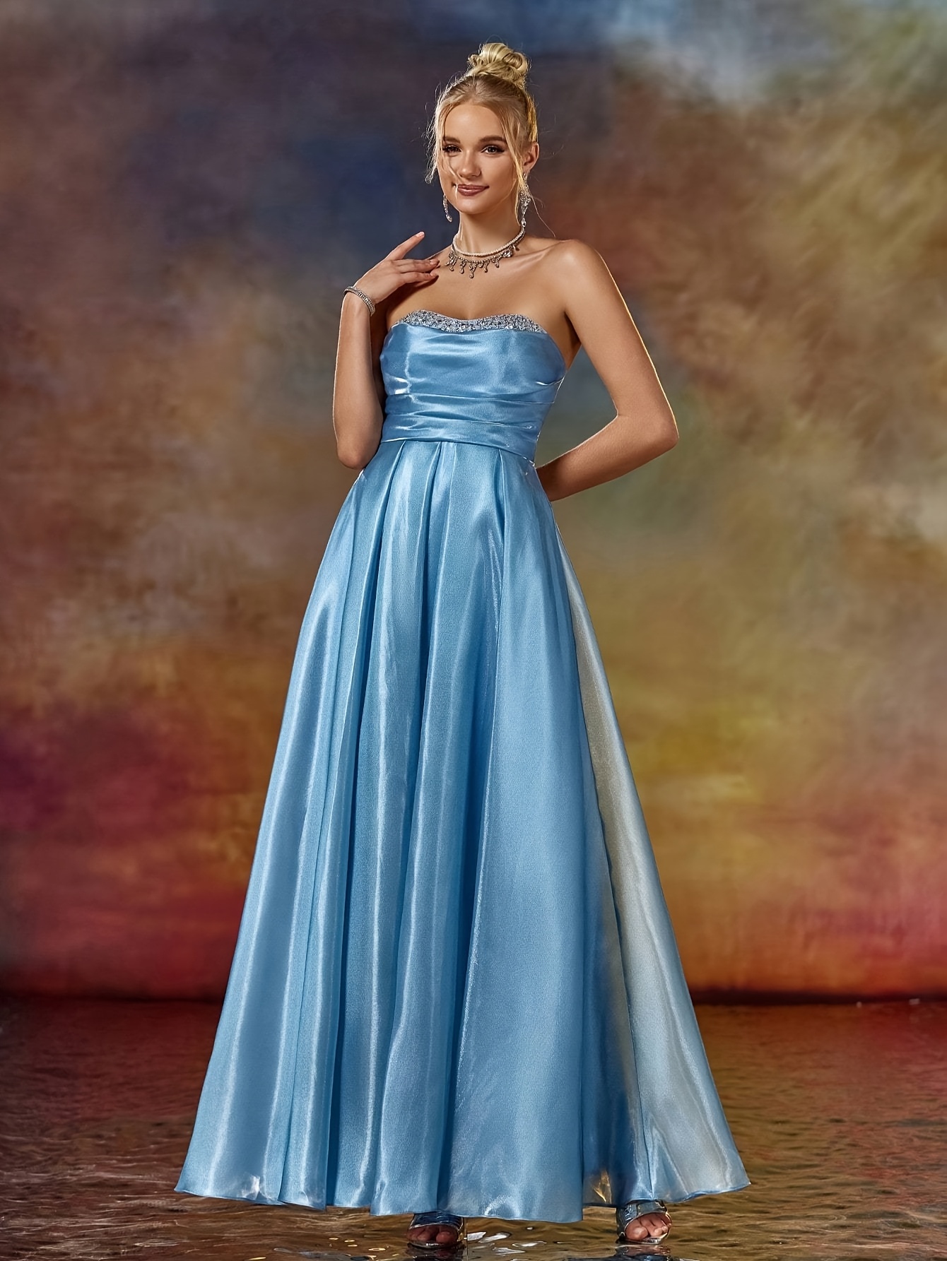 blue strapless wedding guest dress Periwinkle Blue Eyelet Strapless Mini Dress main image 0