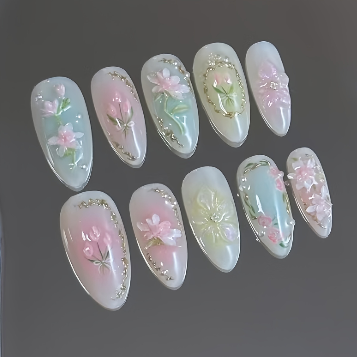 3d floral blush glitter press nails almond shape medium - Temu