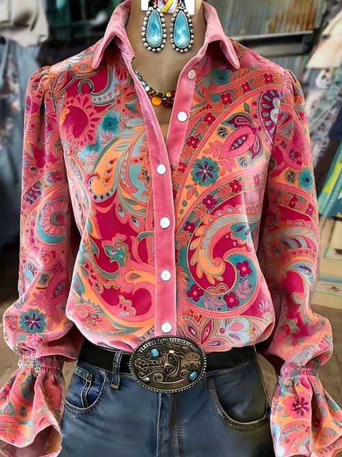 item picture 1pc womens rose red vintage paisley floral print velvet collar long sleeve shirt elastic cuff western style loose casual top for daily and vacation wear