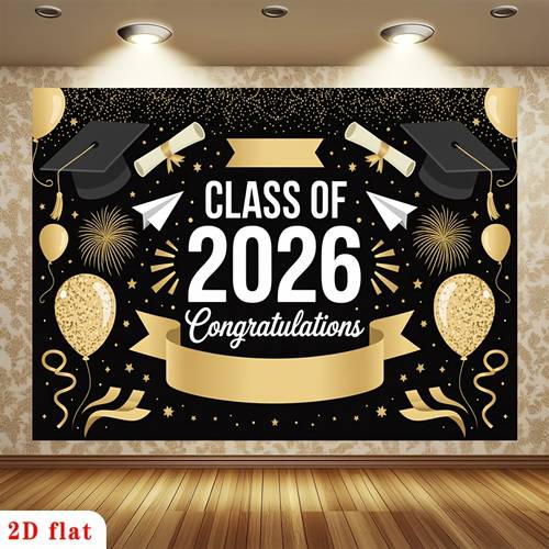 2d flat party backdrop 2d flat banner 1pc class of 2026 white text black graduation caps diplomas golden balloons confetti polyester backdrop for party decor farm garden club no electricity a wonderful gift