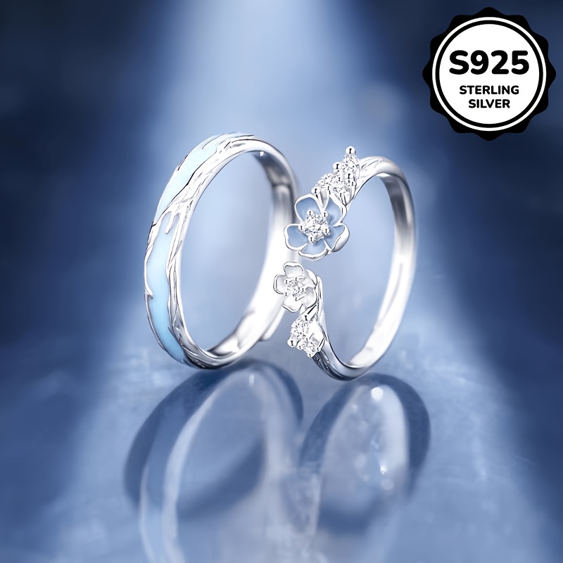 Image of 1 Pair Of S925 925 Silvery Plated, Light , Camellia Design, Inlaid With Synthetic Synthetic Cubic Zirconiaia, Men's And Adjustable Ring, High-quality Jewelry, Daily Casual Party Wear, 9.1 Grams