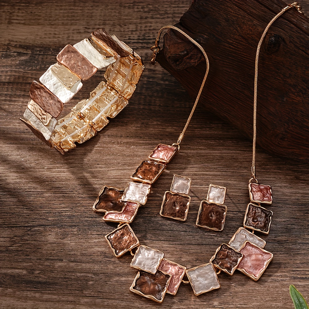 TEMU Fashion Bohemian Easy Khaki Enamel Geometric Jewelry Set For Women Additions 2025 Autumn Winter Alloy Golden 3pcs Jewelry, 1pc Bracelet 1pc