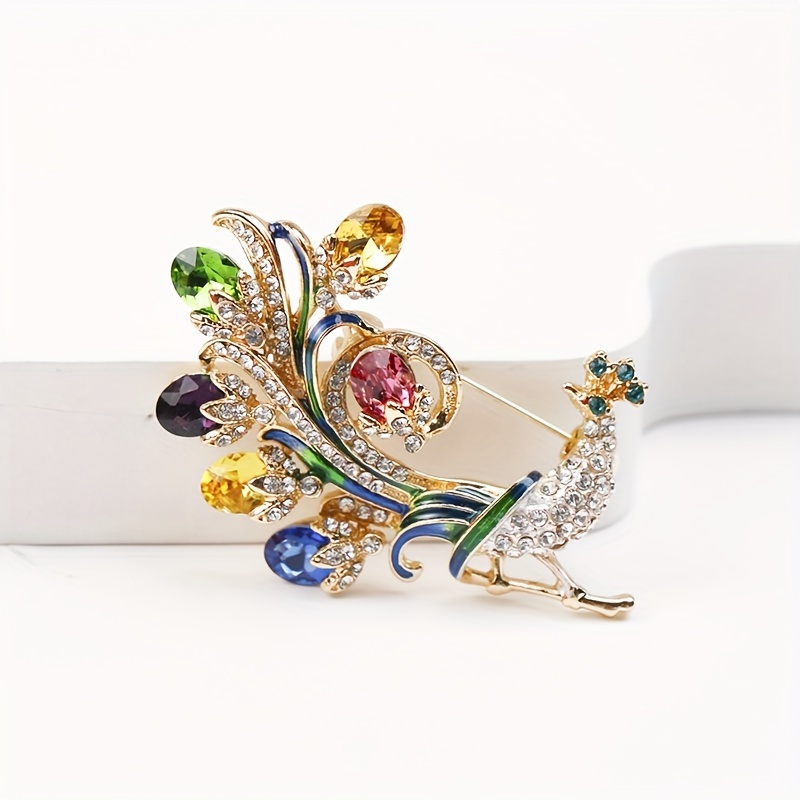 TEMU Peacock-inspired Rhinestone Brooch, Colorful Elegant Open-screen Design, Luxury Pin, Women's Coat & Cardigan Accessory