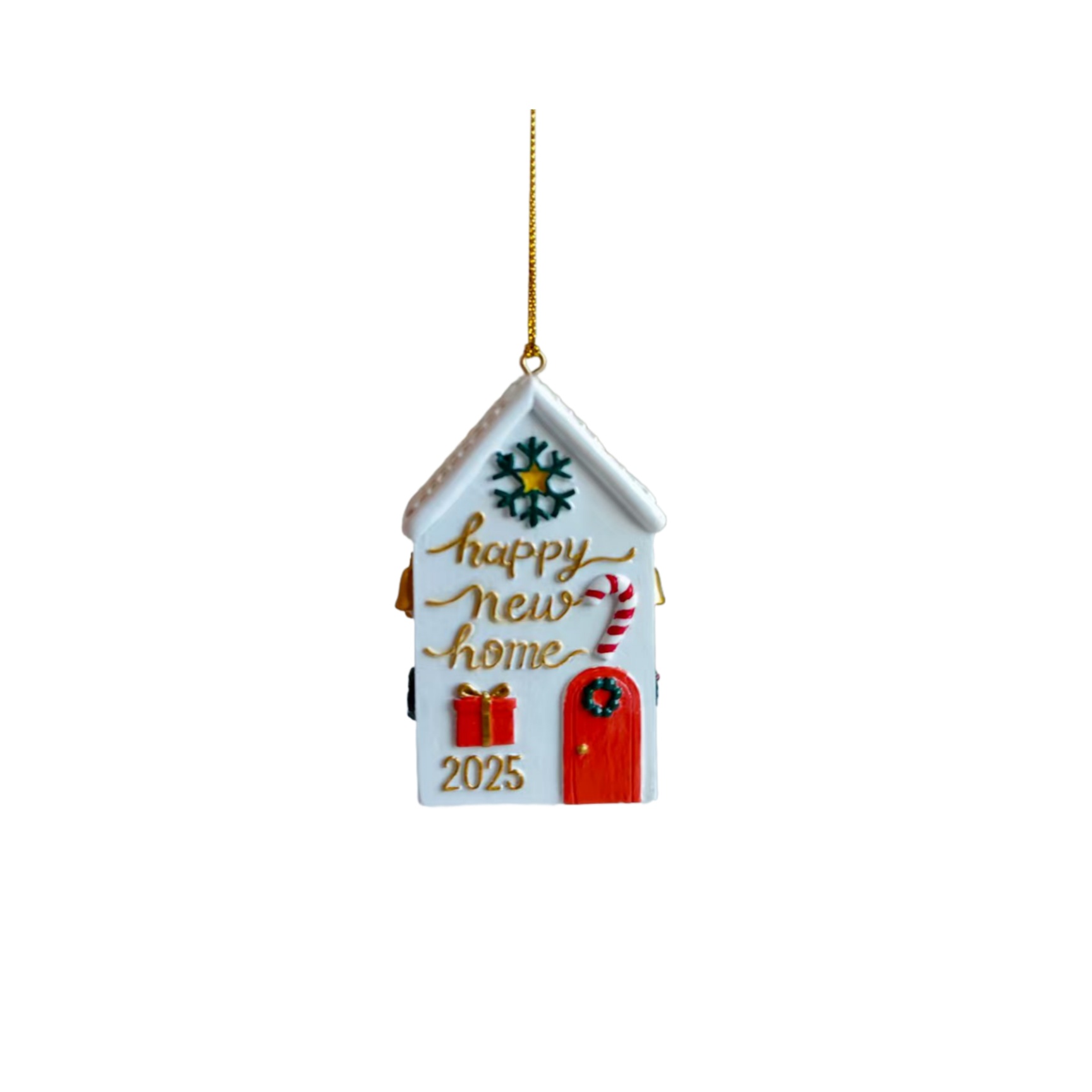 Image of A House Shaped Christmas Decoration Themed Around 2025, Main Body And A Covered In Snow. The Decoration Is With Bells, Wreaths, Gifts, And Other Elements, And Hung On A Christmas Tree.