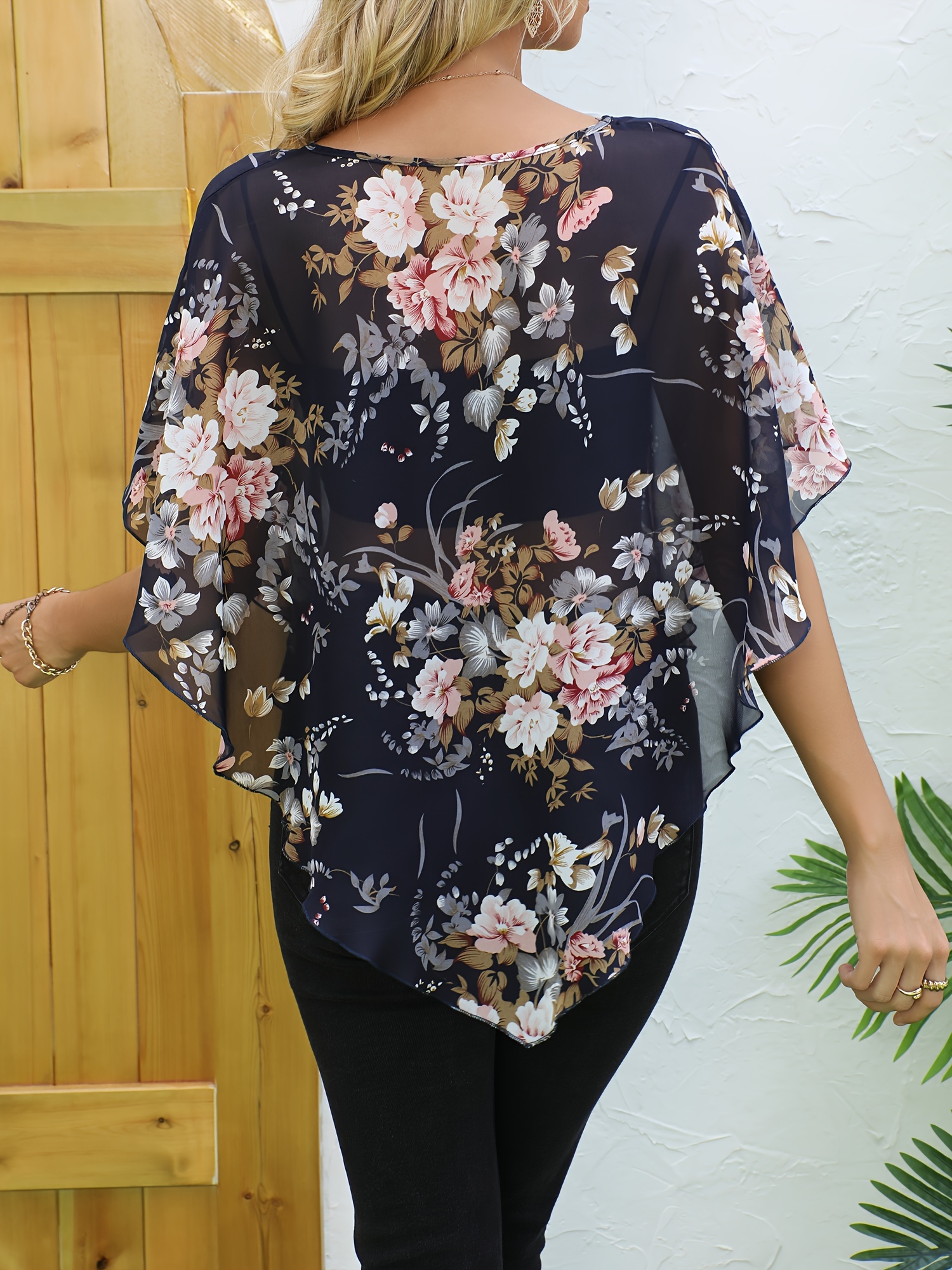 Floral Pattern Elegant Cover Up, Round Neck Semi-Sheer Beach Cover Up Top, Women's Swimwear & Clothing