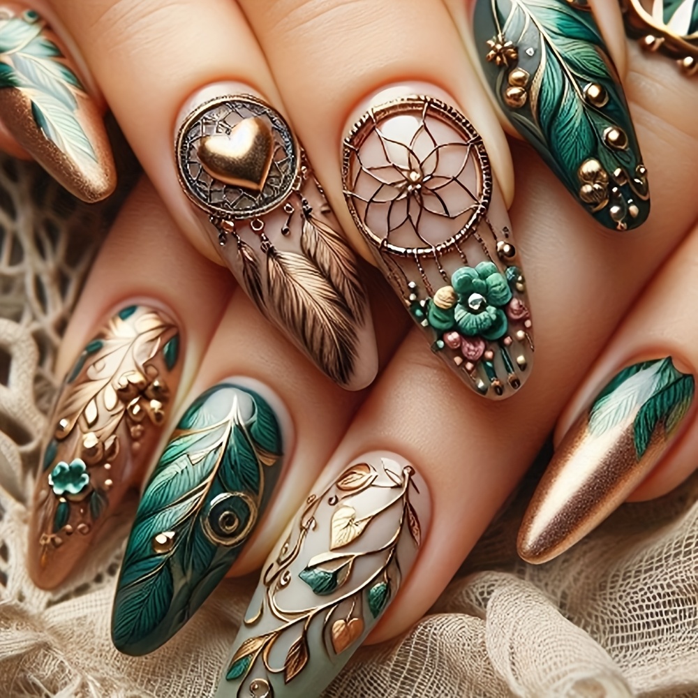 Image of 24pcs Glossy Long Almond Press On Nails Golden And Green French Style False Nails With 3d Flower,heart And Feather Pattern Reusable Fake Nails Includes File, Jelly Glue And Stick