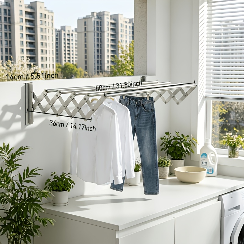 TEMU Retractable Wall Mount Clothes Drying Rack, Foldable Expandable Stainless Steel Laundry Hanging Shelf, Heavy Duty Wall Mounted Garment Towel