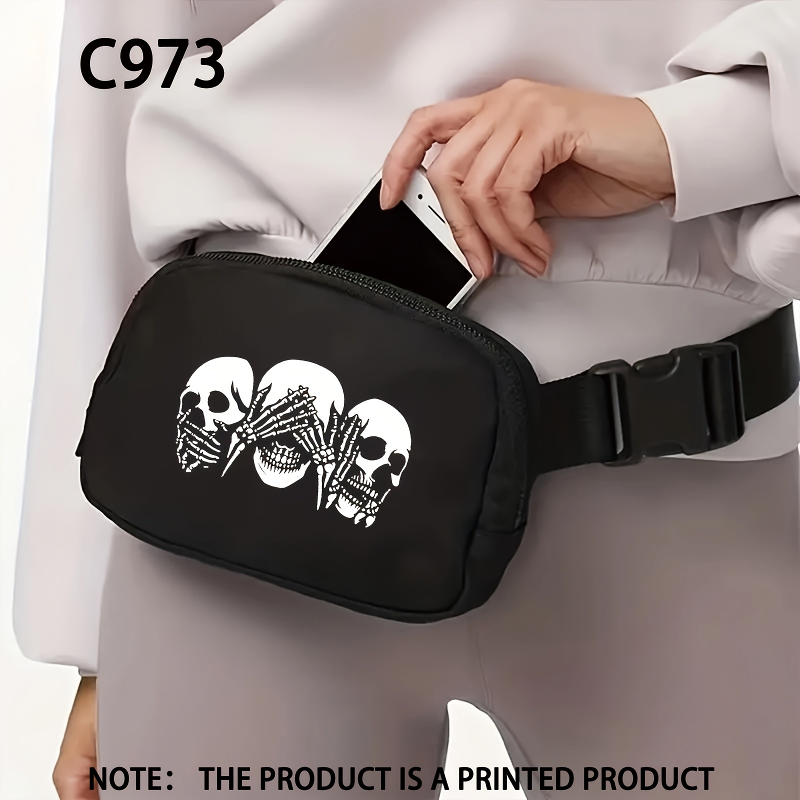 Image of Black Stylish Minimalist Versatile Skull Pattern Print Waist Bag With Adjustable Shoulder Strap, Perfect For Trendy Outdoor Sports