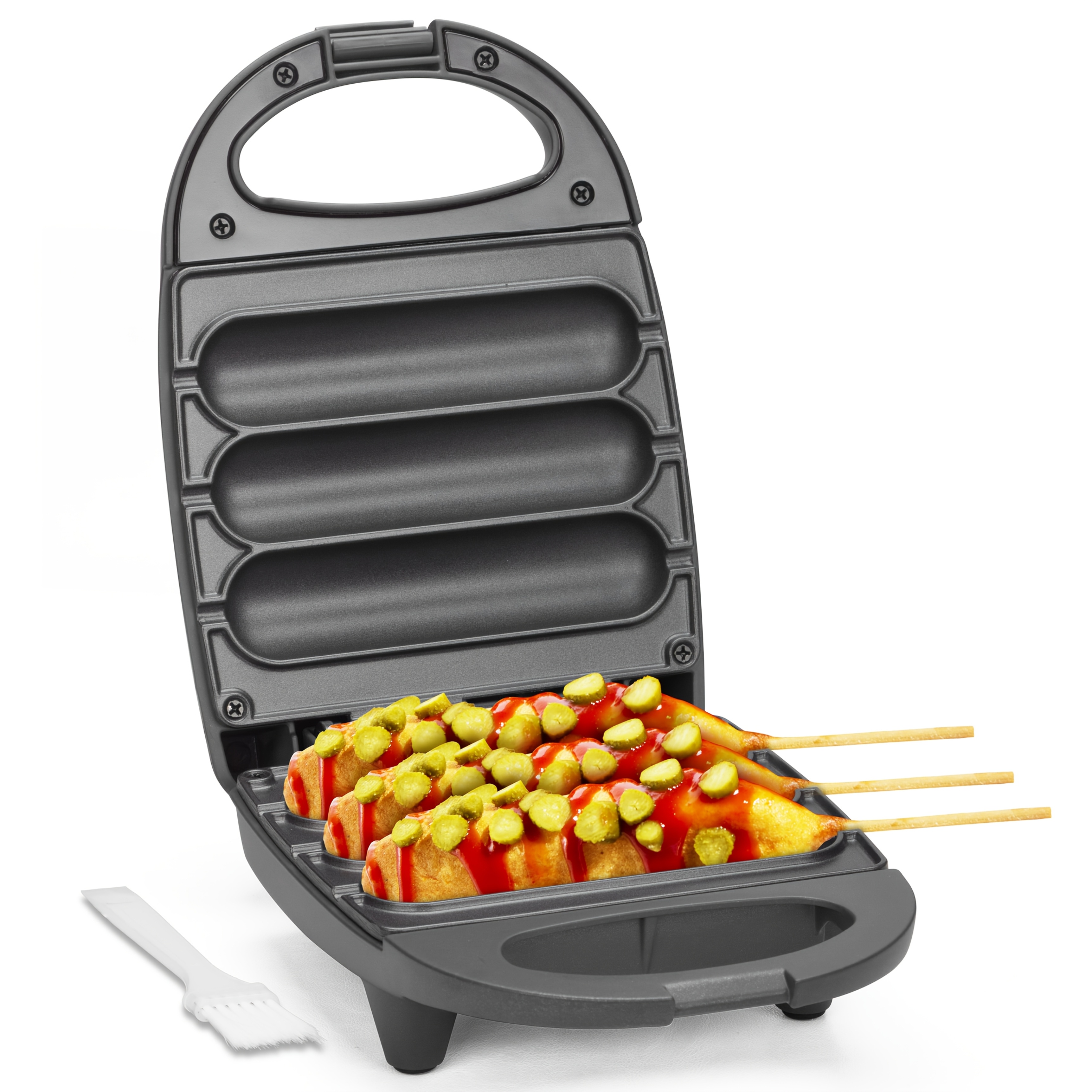 Electric Mini Maker - 3-at-a-time Nonstick For & Sticks, Includes Brush, Red