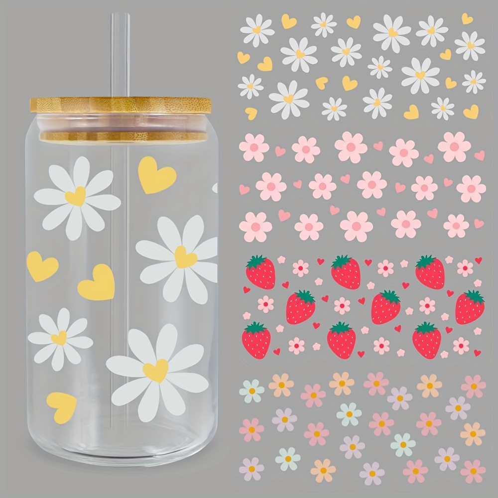 Image of 4pcs Daisy & , Uv Dtf Cup Wraps, Waterproof 16oz Pet Cup Transfer Stickers, Decals For Glass Cups, Wood Crafts, Mugs, Laptop Decor