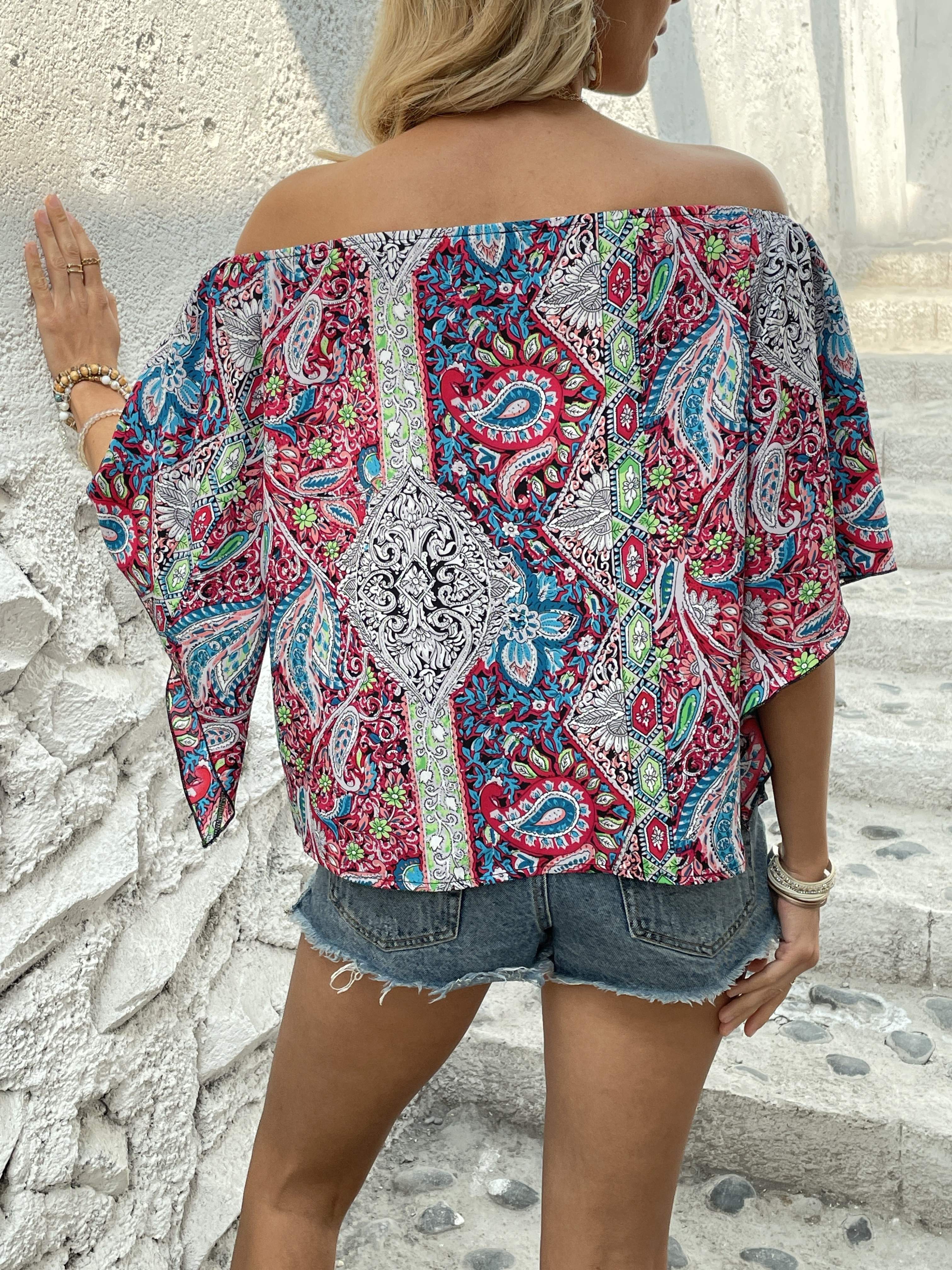 Paisley Print Shoulder Blouse Ethnic Flare Sleeve Blouse - Temu Canada