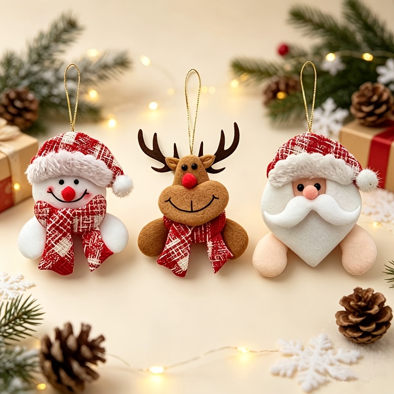 TEMU 3pcs Christmas Plush Ornament Set, Snowman Reindeer Santa Claus Hanging Decor With Hanging Rope, Christmas Tree Pendant, Party Decoration Gift,