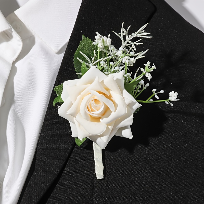 

1pc White Rose Design Bohemian Style Boutonniere, Elegant Floral Lapel Pin For Weddings And Parties