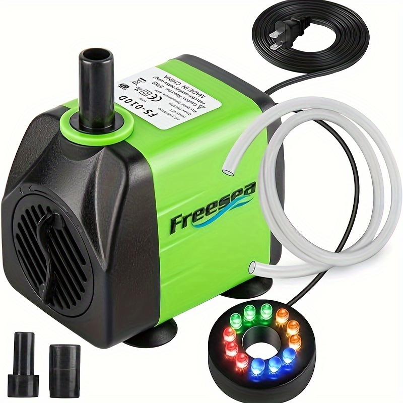 

Freesea Fountain Submersible Water Pump: 10watt 160gph Adjustable Aquarium Pump With Led Light 3.3ft Tubing For Outdoor Pond | Small Fish Tank | Waterfall