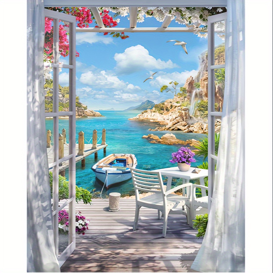 

5d Diy Diamond Painting Kit For Adults - Drill Canvas, Scenic Boat Window Design, Home Wall Decor Craft Set 11.8x15.7 Inches