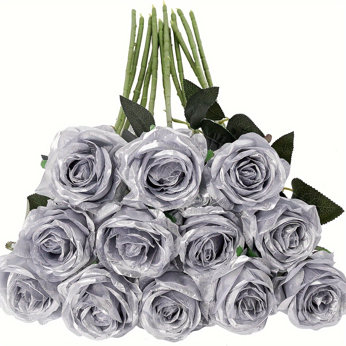 12pcs Silver Roses Artificial Flowers Realistic Single 52cm Long Stem Artificial Plastic Roses Bouquet For Party Home Wedding Centerpiece Hotel Office Decor, Anniversaries, 's Day, Mother's Day Gift