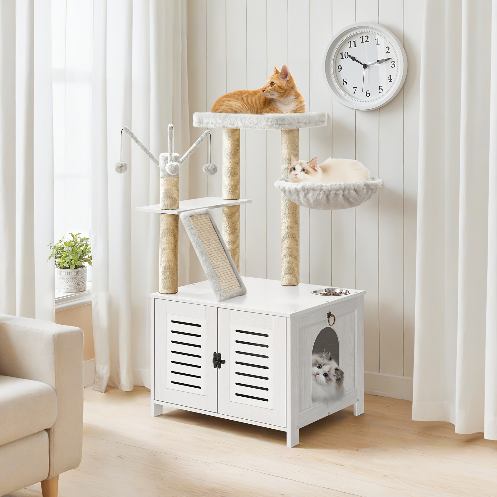 TEMU Cat Tree, Sliding Door Cat Litter House, Wooden Cat House With Cat Tower, Concealed Litter Box Furniture, Integrated Indoor Cat Furniture,