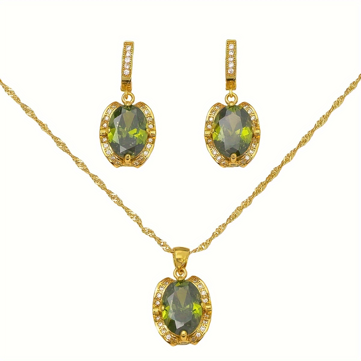 

3pcs Elegant And Sparkling Geometric Cubic Zirconia Necklace And Earrings Set In Retro Olive Green Color - -plated Jewelry Set For Valentine's Day, Weddings, And Girl's Gift