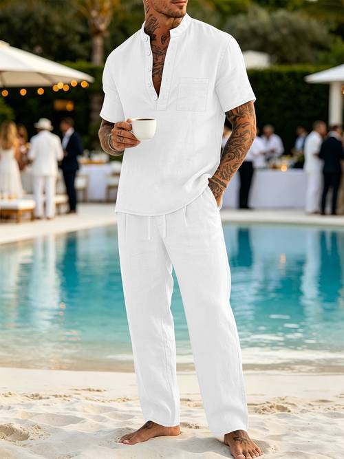 item picture mens 2pcs set classic henley short sleeve top versatile long pants old money style casual outfit for daily wear