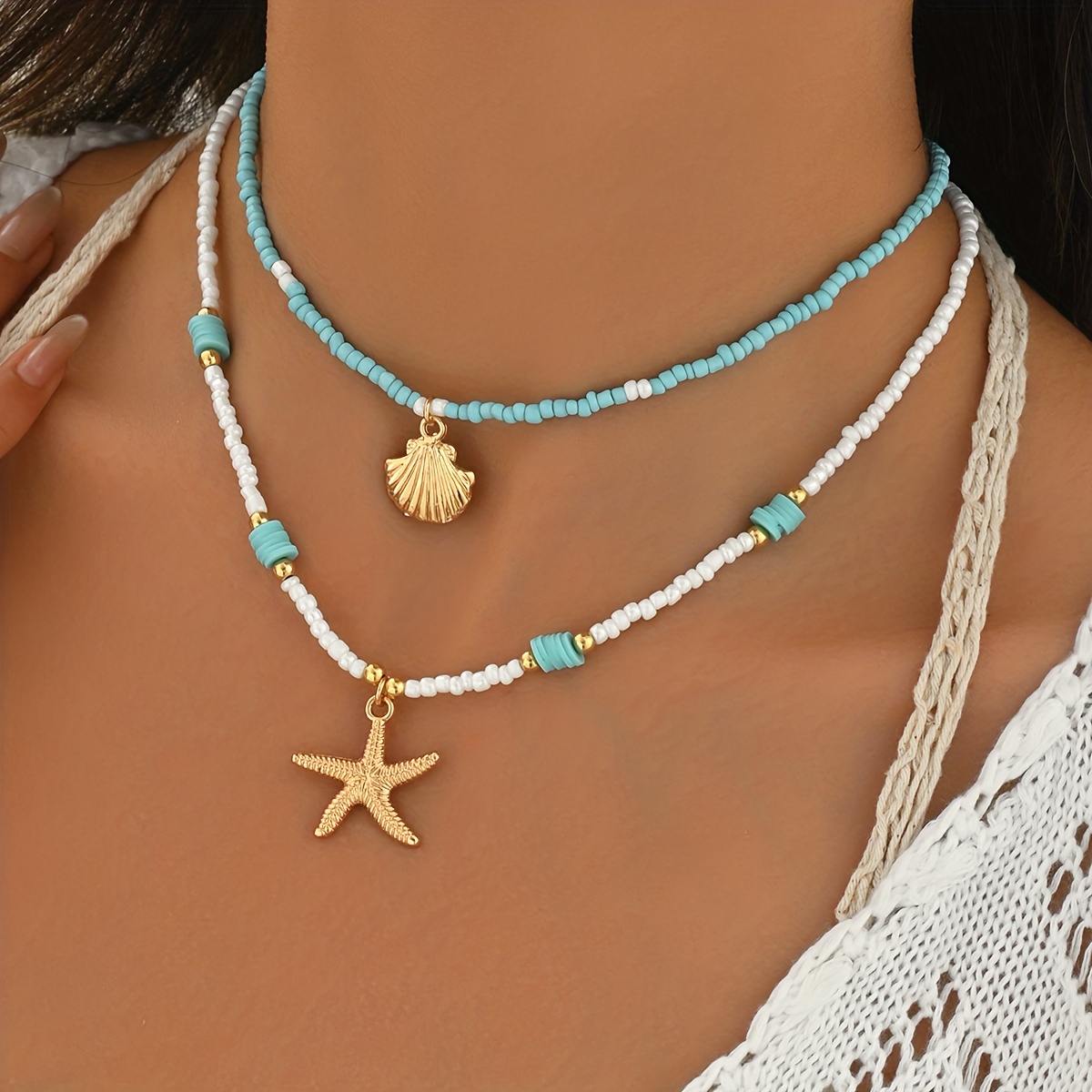 2pcs bohemian   womens jewelry set turquoise blue pendant necklace and choker handmade artificial alloy   shape ocean themed beaded bracelet suitable for beach weddings parties and daily wear