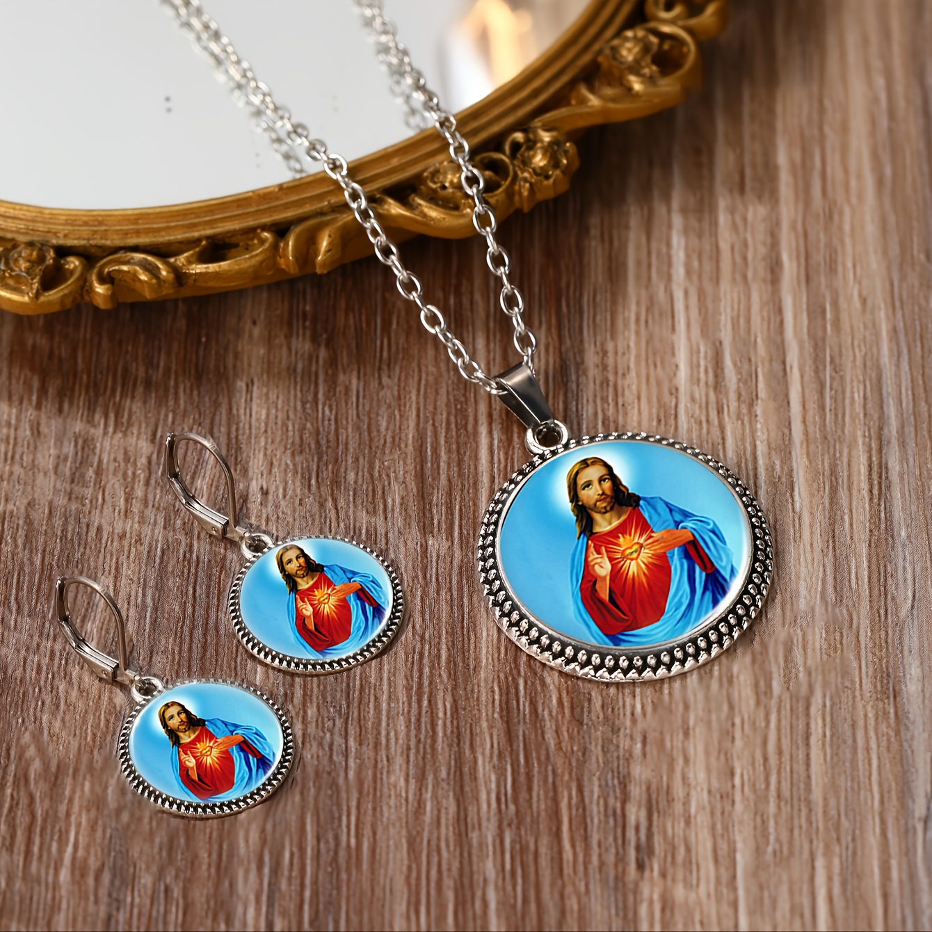 3pc Religious Art Necklace & Earrings Set, Classic Style