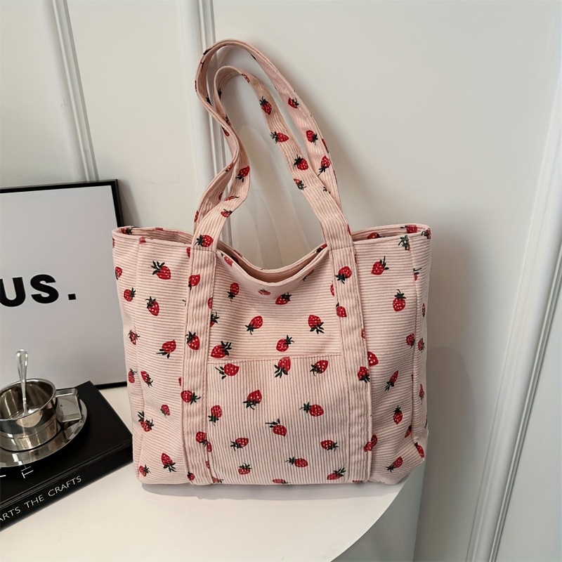 

Large Capacity Tote Bag, Cute Strawberry Pattern Shoulder Bag, Corduroy School Handbag For Women