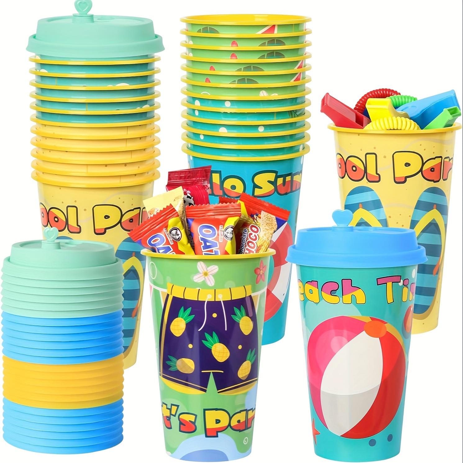 

24 Pack Beach Party Favors Goodie Cups, Birthday Party Cups In 4 Designs, 16oz Reusable Beach Ball Pool Summer Plastic Party Supplies Decorations Cups With Lids Plugs For Kids Baby Shower