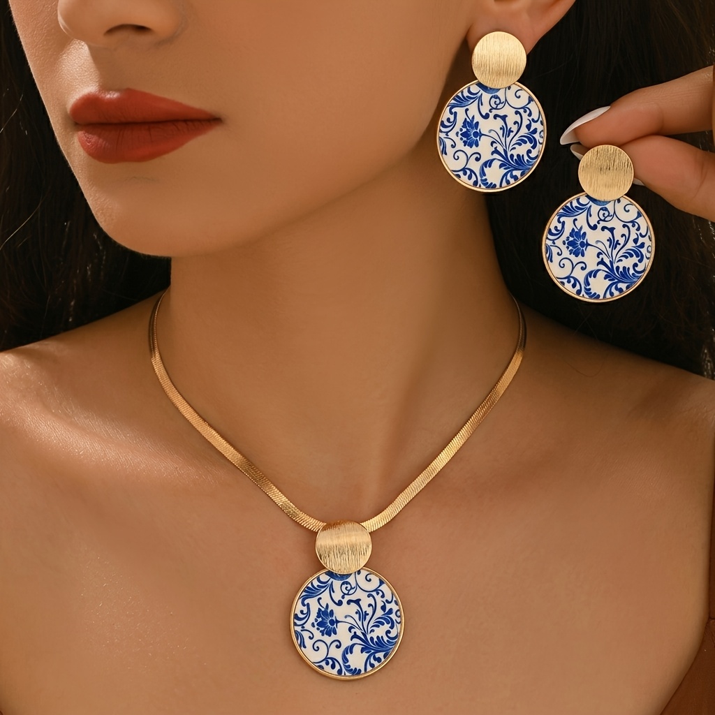 TEMU 2 Sets Of New Summer And Porcelain Pattern Geometric Circular Stitching Stacked Elegant Earrings And Necklace Set, Suitable For Daily Wear