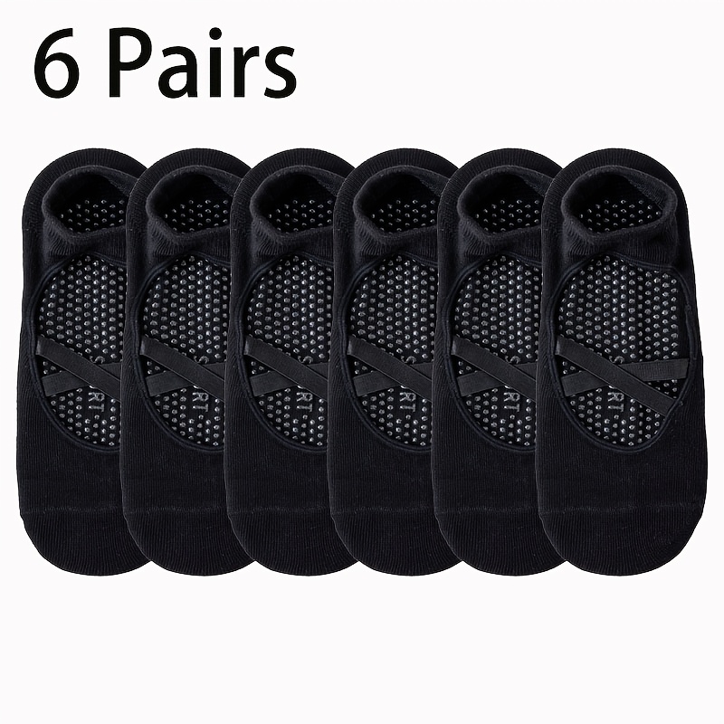TEMU 6 Pairs Black Cross-strap Anti-slip Yoga Socks Silicone Granule Pilates Boat Socks Indoor Anti-heel Socks Breathable Sweat-absorbing Sports