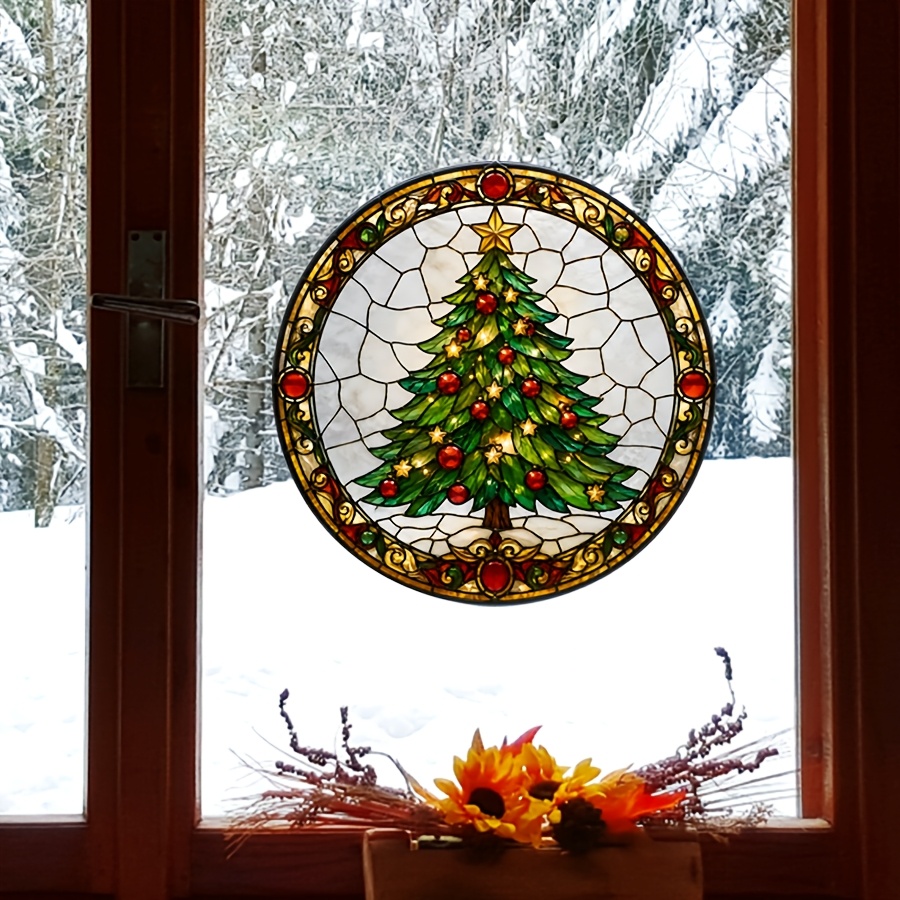 TEMU 1pc Colorful Stained Glass Christmas Tree Print, Christmas Static Clings Window Sticker, Double-sided , Reusable No Residue Removable Decals For