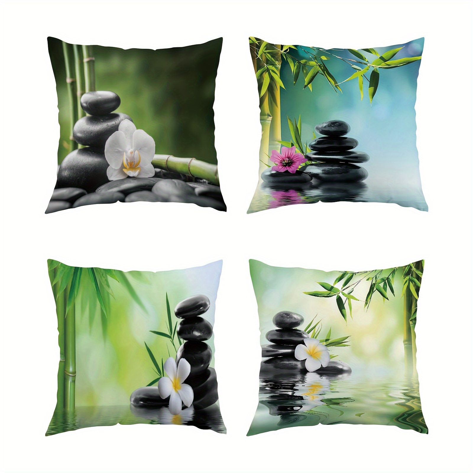 

1pc Zen Bamboo Floral Stone Print Throw Pillow Covers, 18x18 Inches, Soft Plush, Contemporary Style, Single-sided Print With Zipper, Decorative Cushion Cases For Sofa And Bedroom, No Insert