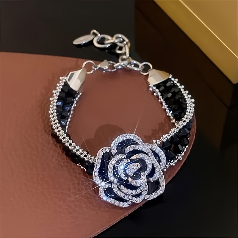 

Elegant Rhinestone Rose Bracelet, Alloy With Silver Plating, Flexible For And Gift, Women' Jewelry Accessory, Versatile