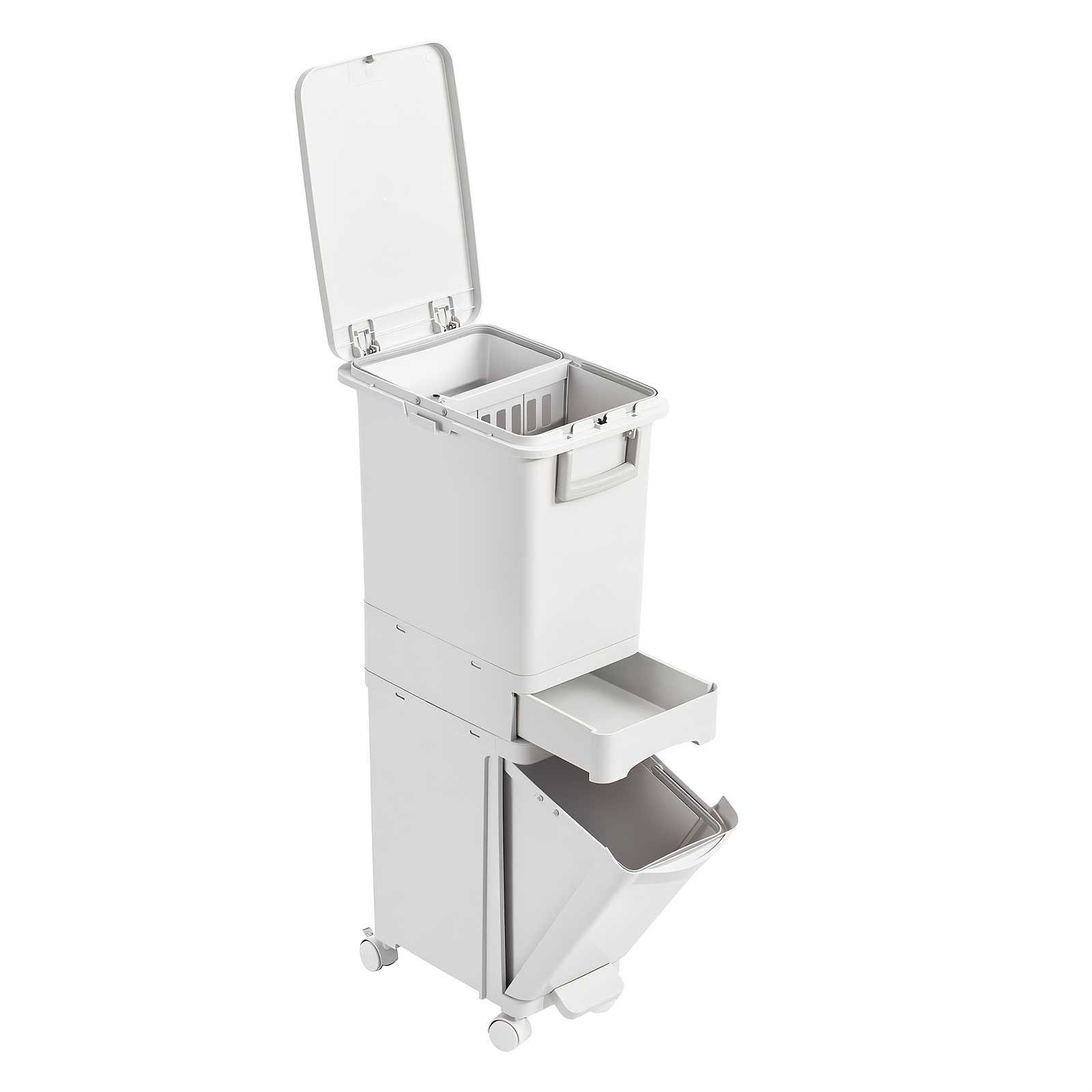 Image of 32l 3 Layer Narrow Trash Can, Slim Covered Waste Container, Large Capacity Dual Compartment Design, Wet And Dry With Wheels And Handles, Pedal Operated Recycling Bin For Kitchen Home And Bathroom Use