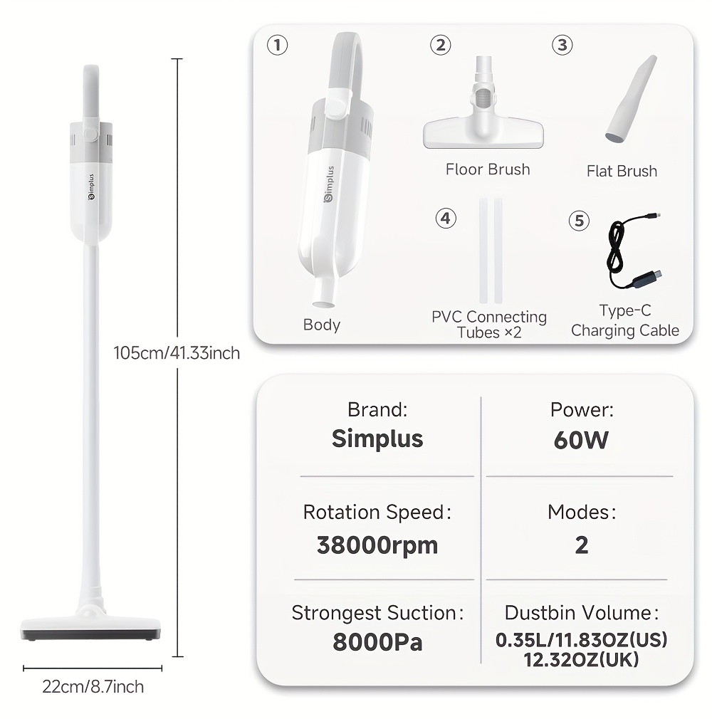 Simplus Cordless Vacuum Cleaner, Vacuum, Wireless Home Vacuum, Lightweight Portable, Long Battery Life, 2 Modes, Type-C Rechargeable, 3-Layer High-Efficiency Filtration, Low Noise, Anti-Hair Wrap